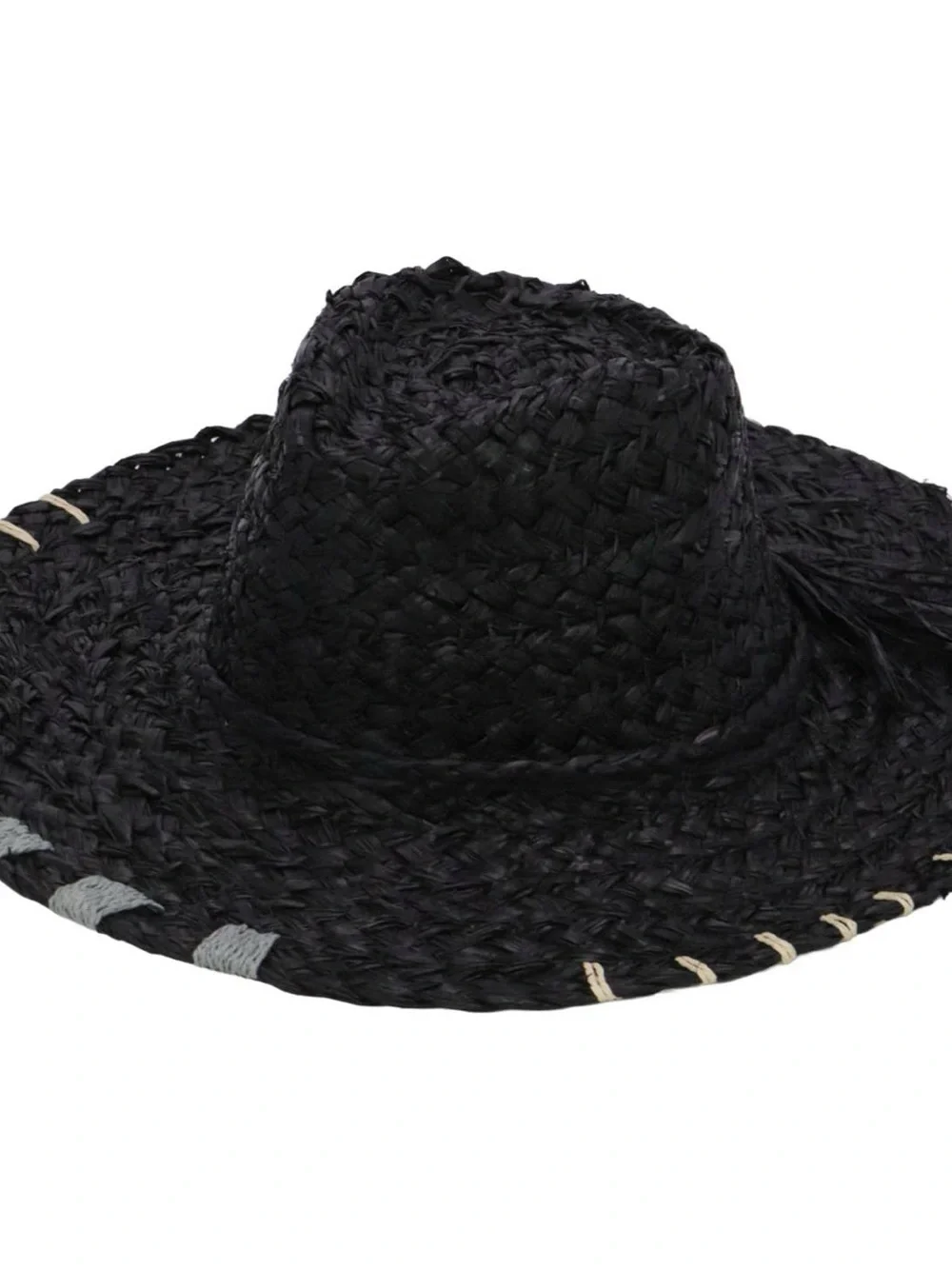 NWT Black Hat Sun raffia 100% paper hand Stitching‎ details OS rancher floppy